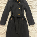 Tahari  Elegant Black Trench Coat with Gold Accents Photo 0