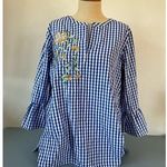 Signature Collection womens blue/white checker top with floral embroidery size L Blue Size L Photo 0
