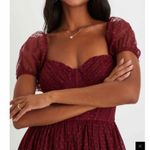 Lulus Sweet Amor Burgundy Tulle Swiss Dot Tiered Bustier Midi Dress Size M Photo 6