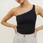 Reformation  | 100% Linen One-Shoulder Ribbed Holly Top in Black Photo 2