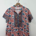 Victoria Dunn Block Print Dress XL Red Blue Floral Short Sleeve Boho Resort Wear Photo 2
