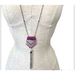 Long silver tone and pink bead tassel pendant necklace Photo 1