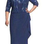 Alex Evenings Alex Evening Blue Sequins Two Piece Jacket Sleeveless Midi Dress Size 24W Photo 0