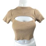 Cider Womens Brown Tan Rib Knit Cutout Short Sleeve High Neck Crop Sweater Top S Photo 0