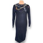 Vintage 80s Black Knit Sweater Dress Chain Beaded Multicolor Jewel Detail Medium Photo 2