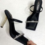 Good American Square Toe Rhinestone Gold Strappy Heels Black Satin 7 Photo 0