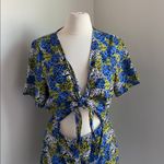 SheIn Animal Print Tie-Front Romper Womens Sz XL Blue Green Shorts Photo 2