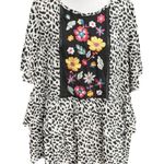 Oddy Animal Print Embroidered Flowers Layered Blouse Black White Size 2XL Photo 8