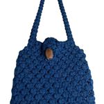 Vintage Crochet Handcrafted Wood Button Blue Handbag 1970s Photo 2