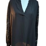 Joan Vass  NY Black Split V Top With Lace Sleeves Photo 0