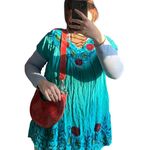 Mexican Folk Art Floral Embroidered Short Sleeve Blue Tunic Blouse Large Boho Photo 0