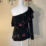Veronica M Black Red Purple Floral Ruffle Asymmetrical One Long Sleeve Top XS Photo 2