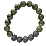 Lava Stone & Dark Green Stone Stretch Beaded Bead Bracelet 3" Boho Earthy Forest Black Photo 0