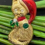 Vintage Unsigned Kitty Cat Santa Christmas Brooch Gold Photo 2