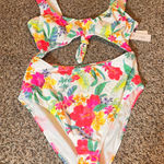 Salt + Cove Floral One Piece Swimsuit Cutout Tie Front Women's Extra Large XL White Photo 0