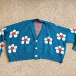 Cute Blue Knit Cardigan with Daisy Smile Flowers Kawaii Y2K Style Cozy Top Photo 4