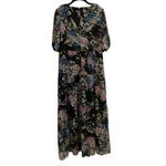 Kensie Women's Sz 14 Black Gold Floral Tiered-Skirt Chiffon V-Neck Maxi Dress Photo 4