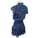 AQUA Blue Floral Smocked Mock Neck Short Flutter Sleeve Mini Blouson Dress Sz XS Photo 1