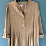 Wonderly Top Womens 1X Beige Tan Roll Tab Faux Suede V Neck Button Tunic Stretch Photo 0