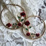 Gold Tone Rose Enamel Hoop Earrings Green Photo 4