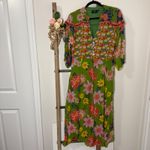 Anthropologie Emily Lovelock Green Floral Hearts Midi Dress Womens Size Large Photo 1