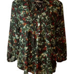 Willi Smith Floral Print Blouse Green Red Sheer Pleated V Neck Long Sleeve Top Photo 0