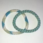 Lot of 2 Blue & Green Seed Bead Beaded Boho Mesh Rollover Bracelets Photo 1
