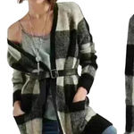 Lucky Brand Plaid Open Front Cardigan Sweater Women's Medium Black White Gray Photo 0