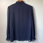 Carmen Marc Valvo NWT  navy sheer ls blouse with gold button and ruffle detail. Photo 8