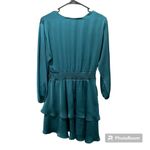 ZARA NWT  Teal Long Sleeve Satin Mini Dress Elastic Waist Ruffled Hem V-Neck M Photo 8