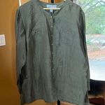 Valerie Stevens  Vintage Linen Silk Blend Olive Green Button Up Blouse Size Large Photo 0