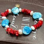 Vintage Y2K Shell Coral Pearl Stretch Bracelet – Red Blue Beaded Photo 0
