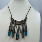 Bohemian fringe frosted glass burnished brass dangle necklace. Blue Photo 1