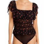 Free People 🖤  Black Floral Print Julie Ruched Square Neck Thong Bodysuit Medium Photo 3