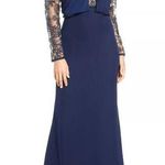 Tadashi Shoji  Mesh & Crepe Long Sleeve Gown Photo 0