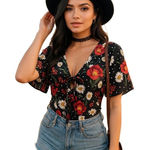 Boohoo Floral Print Bodysuit Women’s US 10 Black Red Daisy Rose Festival Y2K Photo 0
