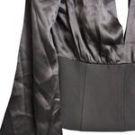 Cinq à Sept Black Satin Plunge Neck Peplum Blouse Bell Sleeves Top | Size 8 Photo 1