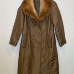 Vintage Brown/Tan Nylon Button Down Midi Coat w/ Removable Faux Fur Collar Sz M Brown Size M Photo 0