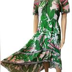 Flying Tomato Green Pink Tropical Palm Leaf Off The Shoulder High Low Midi Dress Photo 0
