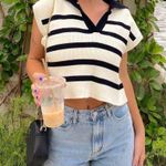 Cider V Neck Cap Sleeve Sweater Vest Top Casual Trendy Striped Cream Black Sz. S Photo 2