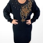 80s Vintage LARISA Black Embroidered and Beaded Knit Midi Sweater Dress Size L Photo 2