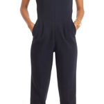 Trina Turk  Navy Sleeveless Zip Front Jumpsuit 12 NWT Notched Collar Ponte Knit Photo 0
