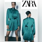 ZARA NWT  Satin Effect Mini Dress Sz Small Teal Blue Pleated Tie Back Photo 1