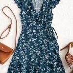 Zaful Turquoise blue and white floral ruffle wrap dress size large NWT Photo 1