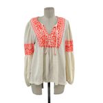 Anthropologie Maeve Louisa Peasant Top Textured Cream Neon Coral Size Medium Photo 2
