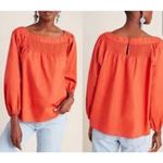Maeve  Anthropologie Long Sleeve Boatneck Cotton Poplin Top Blouse Coral Red S Photo 2