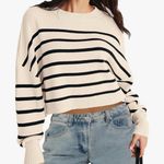 Merokeety  Striped Cropped Sweater Cream Black Ribbed Knit Crew Neck NWOT Photo 0