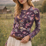 Sundance Purple Floral Waffle Knit Henley XS with Velvet Button Sleeve Detail Photo 0