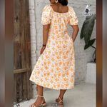 SheIn 🦋  Orange White Ditzy Floral Short Sleeve Midi Dress Leg Slit Casual Large Photo 4