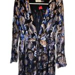 Ramy Brook  Silk Metallic Jacquard Dress Long Sleeve Deep V-Neck Floral Blue 10 Photo 1